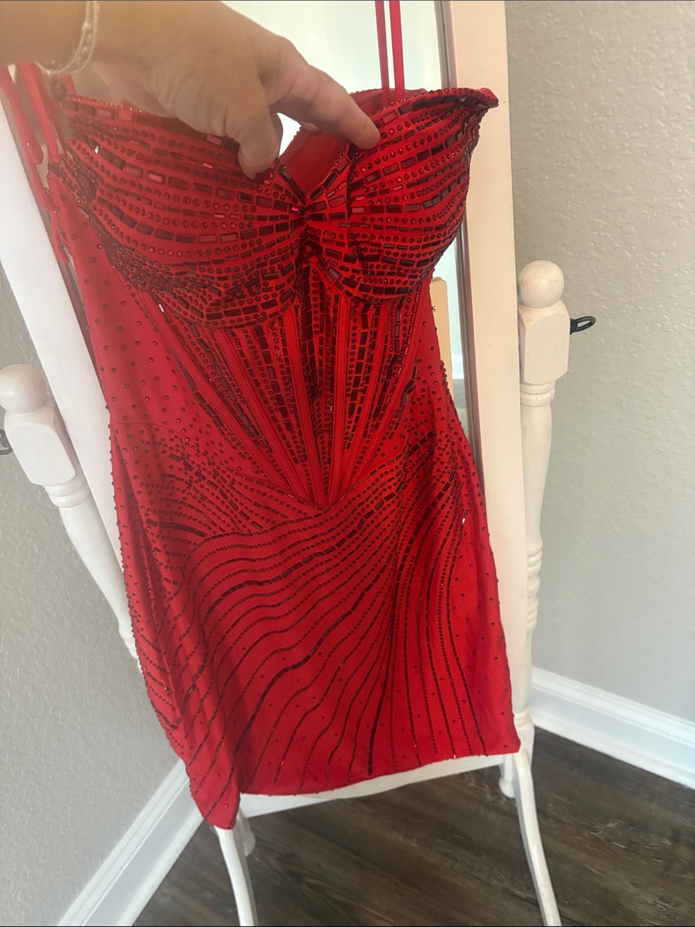 Red Beaded Strapless Mini Dress with Double Spaghetti Straps
